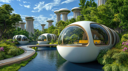 Futuristic Eco-Pods in Lush Greenery, AIの素材