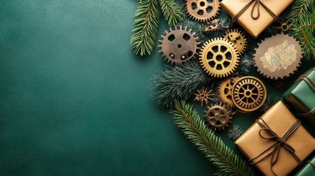 Steampunk Christmas: Gears and Gifts on Green, AIの素材