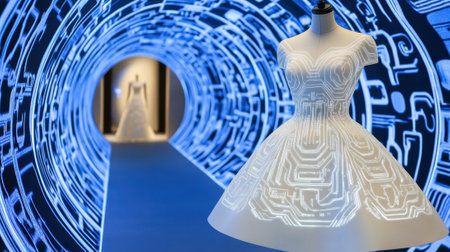 Futuristic Circuitry Dress in Digital Tunnel, AIの素材