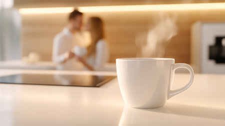 Steaming Coffee Cup in Modern Kitchen with Couple in Background, AIの素材