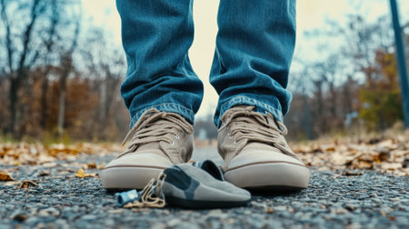 Casual Shoes and Car Keys on Autumn Road, AIの素材