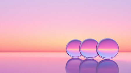 Three Glass Spheres Reflecting a Pastel Sunset on a Smooth Surface, AIの素材