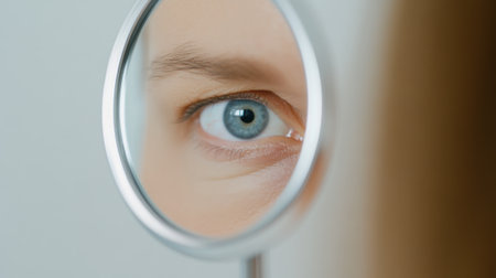 Close-Up of Blue Eye Reflected in Round Mirror, AIの素材