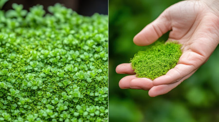 Lush Green Moss in Hand and Garden, AIの素材