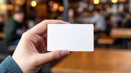 Hand Holding Blank Card in Cozy CafÃ© Setting, AIの素材
