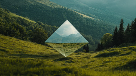 A transparent geometric shape floats over a lush, green mountain landscape, AIの素材