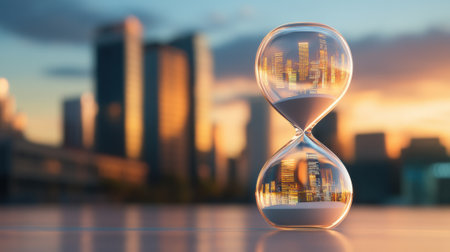 Hourglass with cityscape reflects times passage against a sunset-lit urban skyline, AIの素材