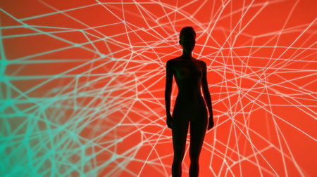 Silhouette of a person against a vibrant web of red and green lines, AIの素材