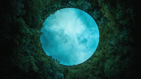 Circular view of a starry sky framed by lush green forest foliage, AIの素材