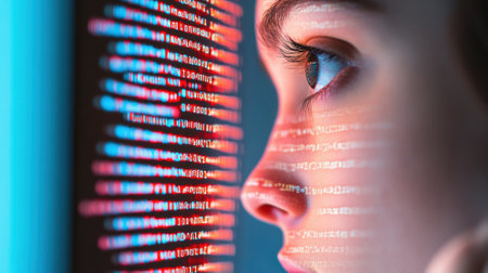 A person gazes intently at a screen filled with colorful digital code, AIの素材
