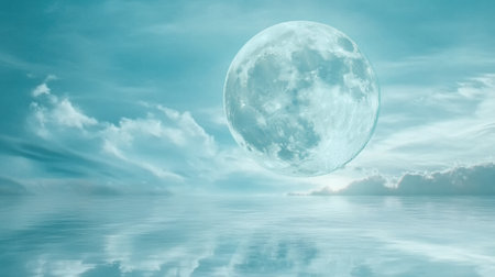 Majestic full moon hovers over a serene ocean under a dreamy sky, AIの素材