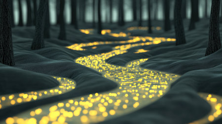 Enchanted forest with a glowing golden river winding through the trees, AIの素材