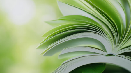 Open book with vibrant green pages against a blurred natural background, AIの素材