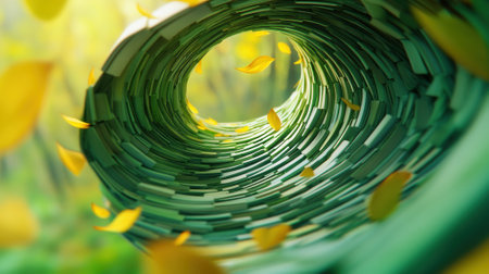 A swirling tunnel of green leaves with golden leaves floating through, AIの素材