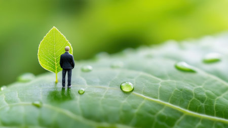 A miniature businessman stands on a leaf, symbolizing growth and sustainability, AIの素材