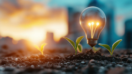 Lightbulb glowing among seedlings symbolizes innovation and growth at sunrise, AIの素材