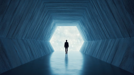 Silhouette of a person walking through a futuristic tunnel towards bright light, AIの素材