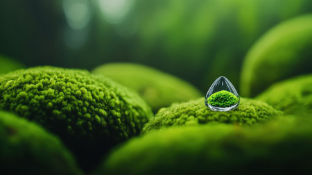 A single dewdrop rests delicately on vibrant green moss in a serene forest setting, AIの素材