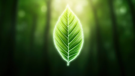 Glowing green leaf against a blurred forest background, symbolizing natures vitality, AIの素材