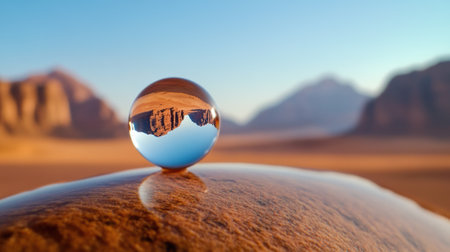 Crystal ball reflects desert landscape, creating a surreal and captivating scene, AIの素材