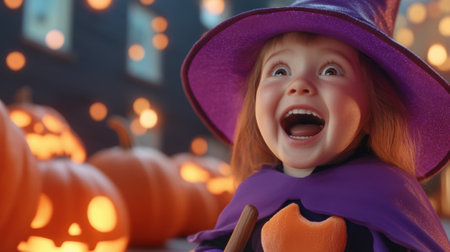 Young child in a witch costume joyfully celebrates Halloween night, AIの素材