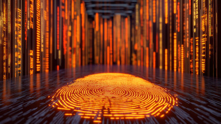 Fingerprint glowing in a digital matrix of orange and black lines, AIの素材