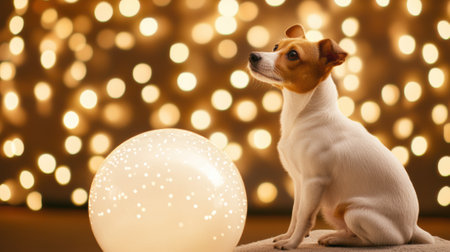 Cute dog gazes at glowing orb amidst festive lights, AIの素材