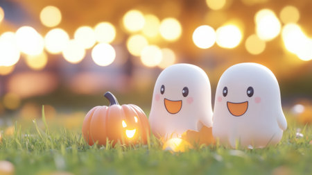 Cute ghost figurines enjoy a glowing pumpkin under twinkling lights, AIの素材