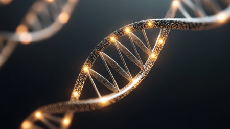 DNA helix glowing with golden lights, symbolizing genetic research and innovation, AIの素材