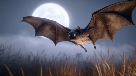 Bat flying under a full moon in a misty night sky, AIの素材