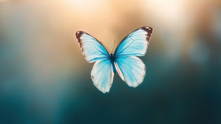 A delicate blue butterfly flutters gracefully against a soft, blurred background, AIの素材