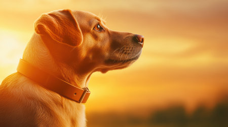 Golden retriever gazes into a vibrant sunset, exuding calm and contemplation, AIの素材