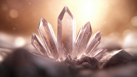 Glistening crystal cluster illuminated by warm, golden light, AIの素材