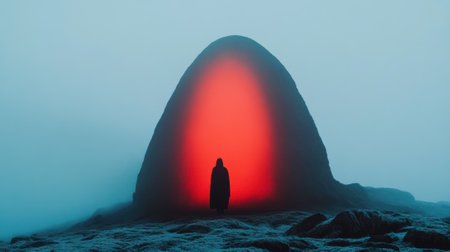 Mysterious figure approaches a glowing red portal in a foggy, otherworldly landscape, AIの素材