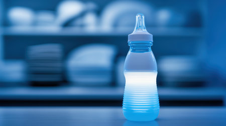 Baby bottle glowing softly in a dimly lit kitchen, AIの素材