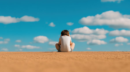 Child sitting alone under a vast blue sky with fluffy clouds, AIの素材