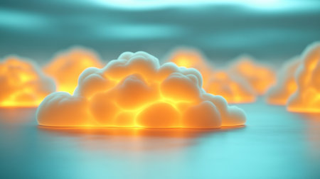 Glowing clouds float serenely over a reflective surface, creating a dreamy atmosphere, AIの素材