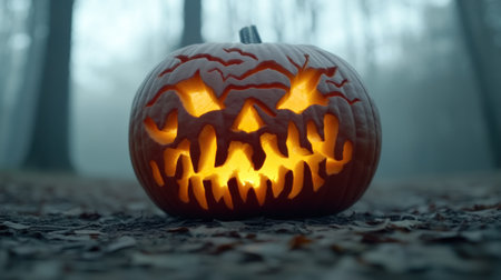 Eerie jack-o-lantern glows in a misty forest, creating a spooky Halloween atmosphere, AIの素材