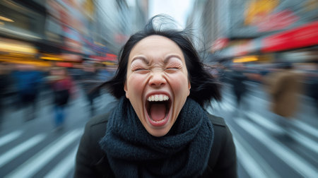 Woman expressing joy in a bustling city street, surrounded by motion blur, AIの素材