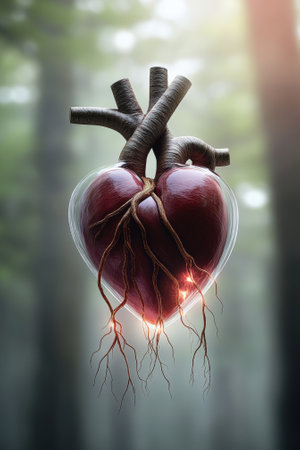 A surreal heart with roots floats in a misty forest, blending nature and anatomy, AIの素材