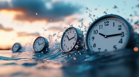 Clocks floating in water symbolize the fluidity and passage of time, AIの素材
