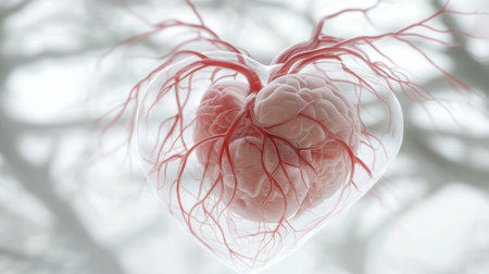 A heart-shaped brain with red veins symbolizes the connection between emotion and thought, AIの素材