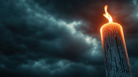 A candle with digital code illuminates a stormy sky, merging technology and nature, AIの素材