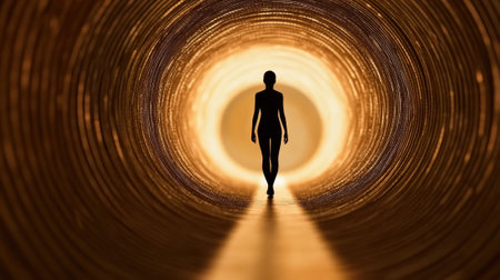 Silhouette of a person walking through a glowing tunnel, evoking mystery and intrigue, AIの素材