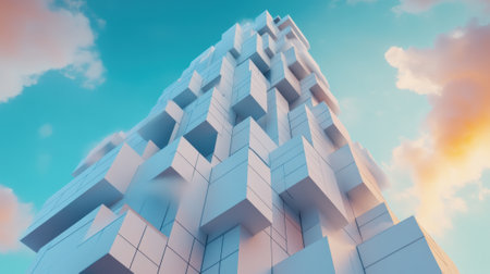 Futuristic skyscraper with geometric design against a vibrant sky, AIの素材