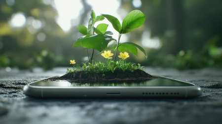 A smartphone with plants growing from its screen symbolizes nature and technology fusion, AIの素材