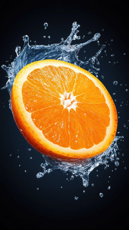 Juicy orange slice splashes in mid-air against a dark background, AIの素材