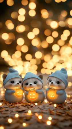 Adorable raccoons in cozy hats hold glowing pumpkins amid twinkling lights, AIの素材