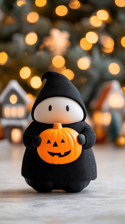Cute Halloween figure holding a pumpkin with festive lights in the background, AIの素材
