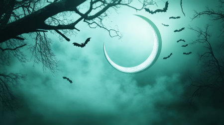 Crescent moon illuminates a spooky night sky with silhouetted bats and branches, AIの素材